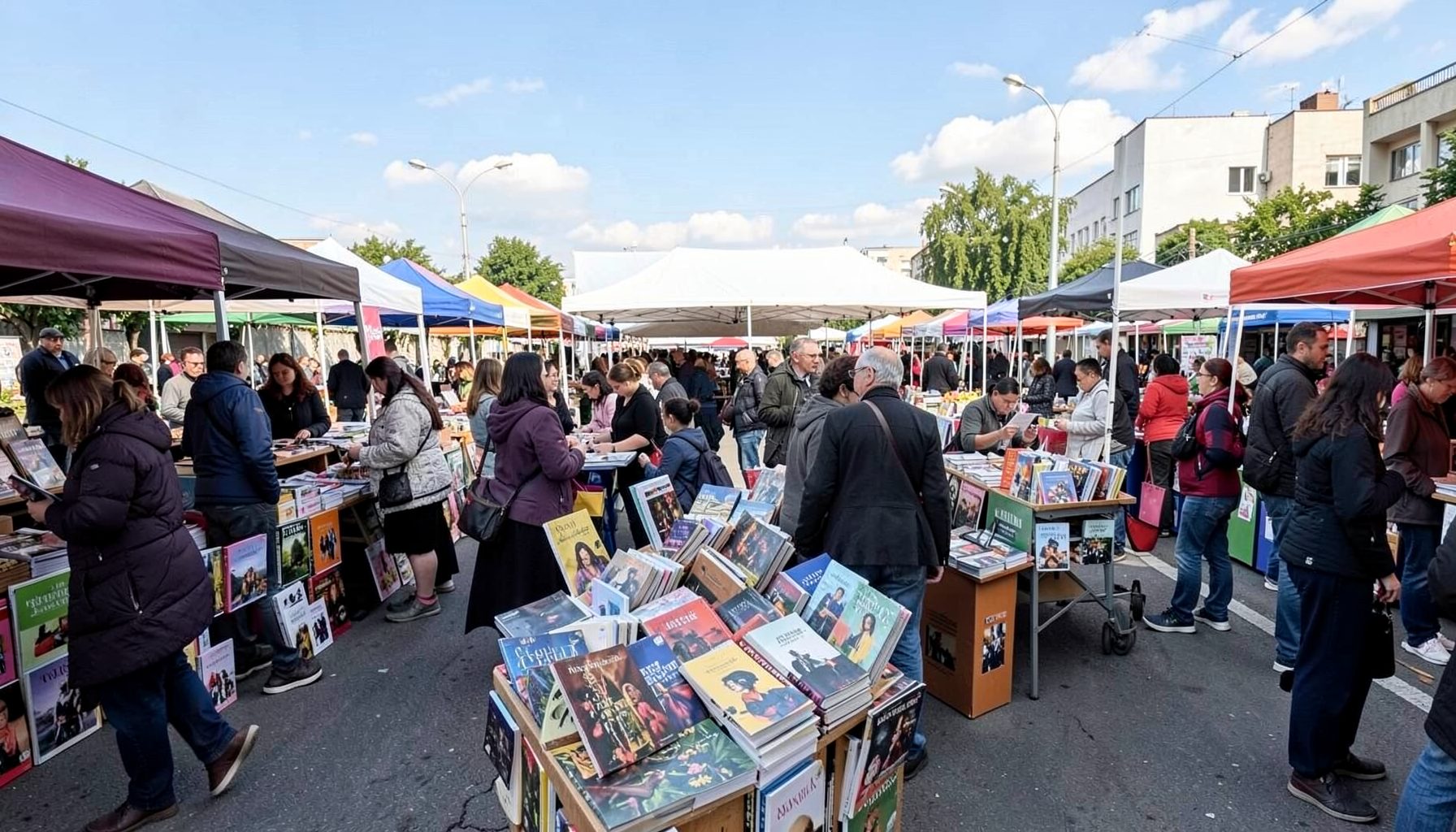Книжковий ярмарок просто неба, столи з виданнями